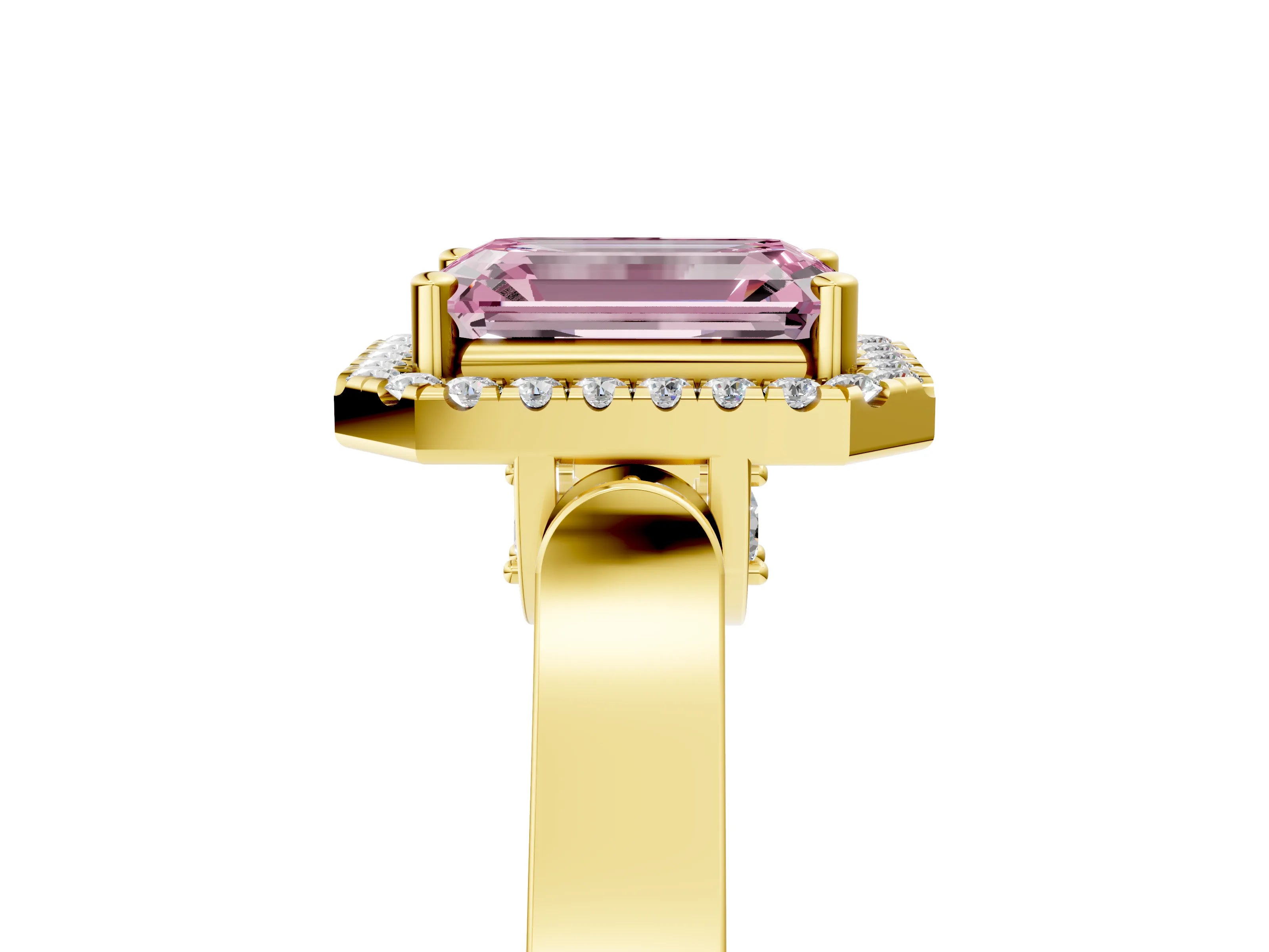 Yellow gold Fancy Pink Emerald Cut Halo Round Diamond Twist Band with Four-Prong Setting_5