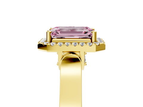 Yellow gold Fancy Pink Emerald Cut Halo Round Diamond Twist Band with Four-Prong Setting_5