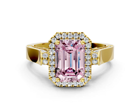 Yellow gold Fancy Pink Emerald Cut Halo Round Diamond Twist Band with Four-Prong Setting