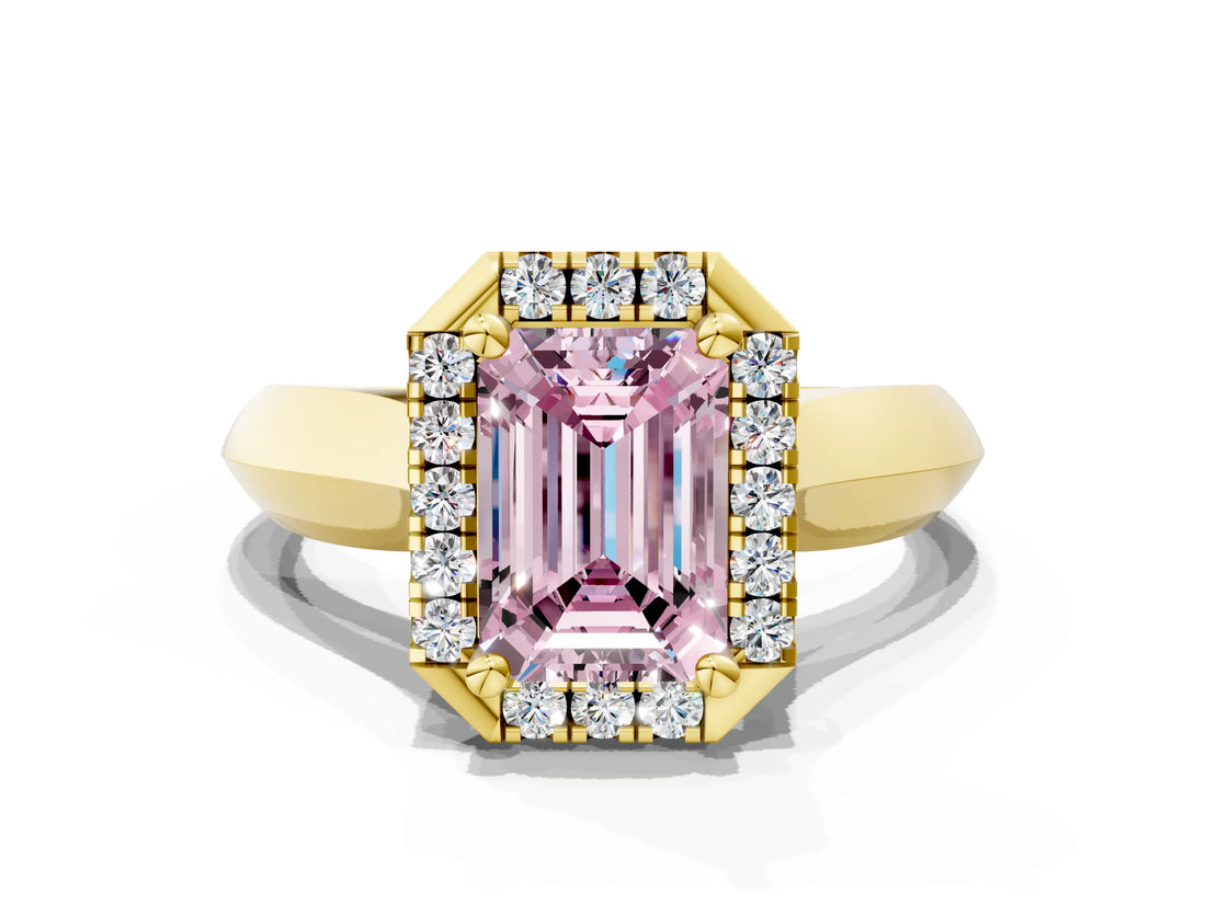 Yellow gold Fancy Pink Emerald  Cut Halo Solitaire Engagement Ring with Square Band and Four-Prong Setting_66