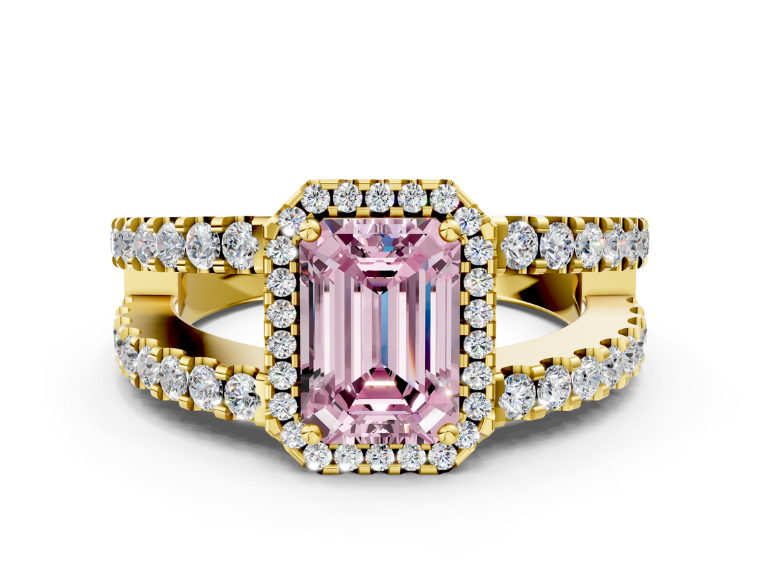 Yellow gold Fancy Pink Emerald  Cut Halo Split Shank Diamond Ring with Four-Prong Setting_44