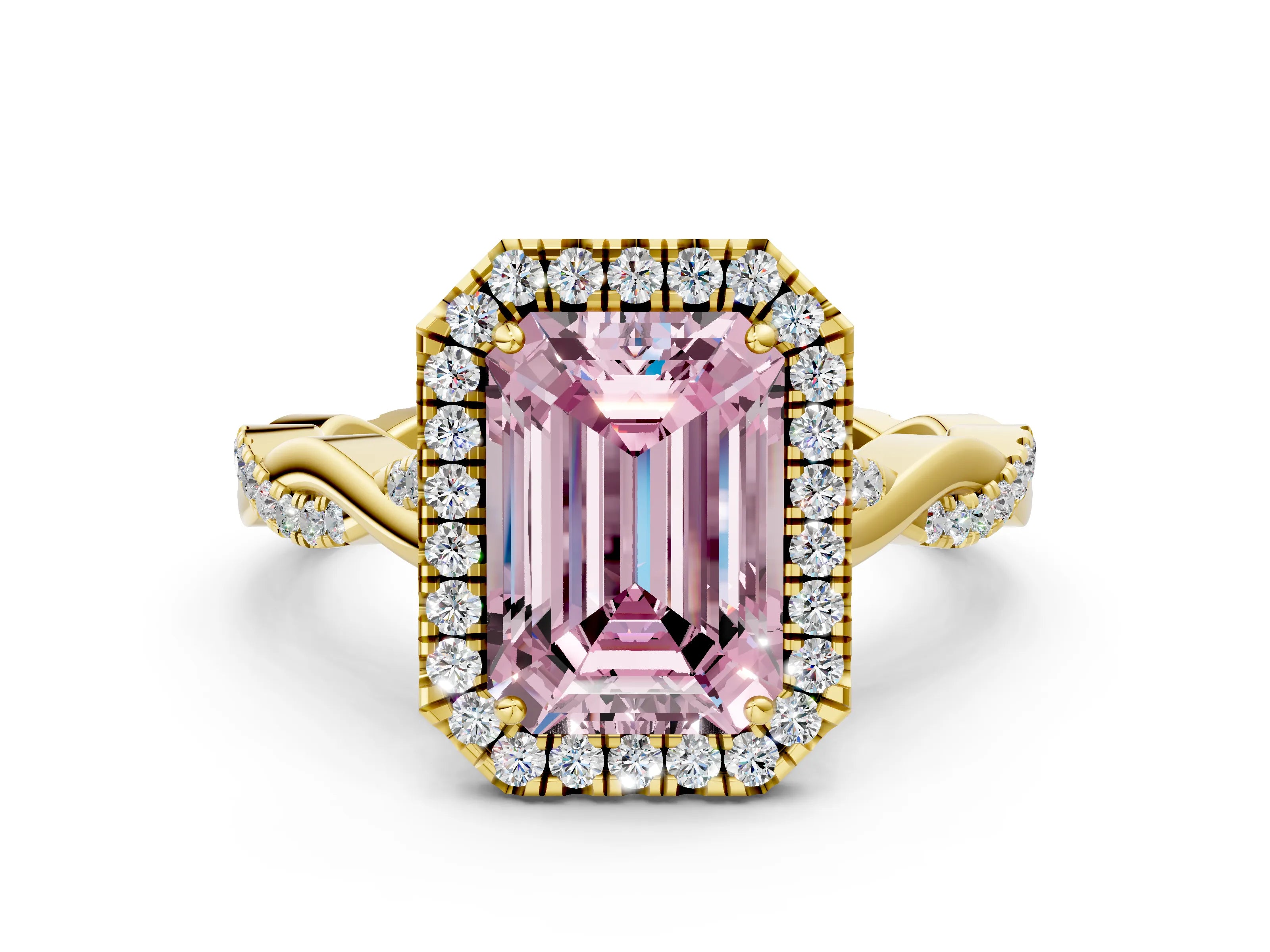 Yellow gold Fancy Pink Emerald Cut Halo Twist Band with Four-Prong Setting