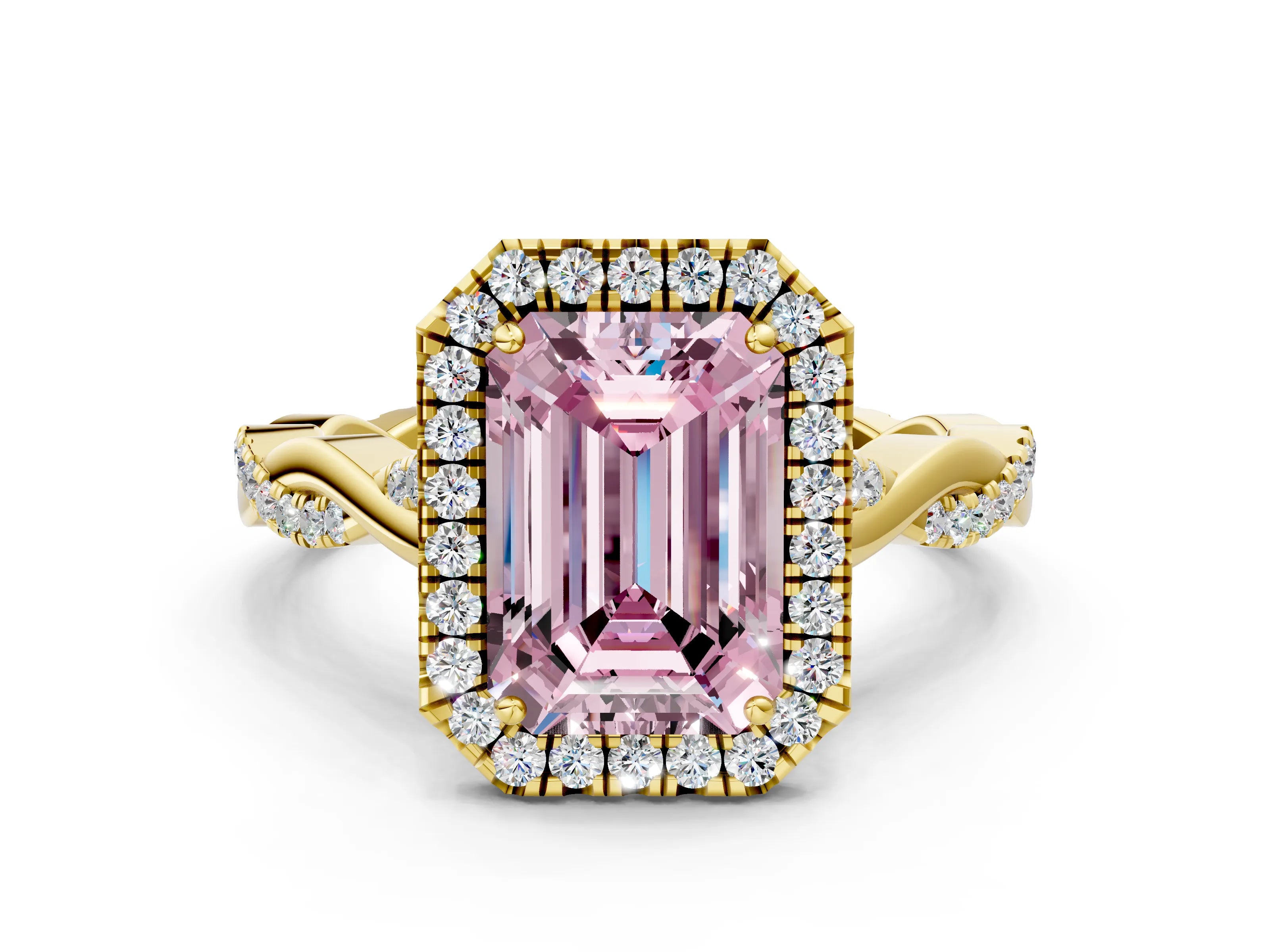 Yellow gold Fancy Pink Emerald Cut Halo Twist Band with Four-Prong Setting_12