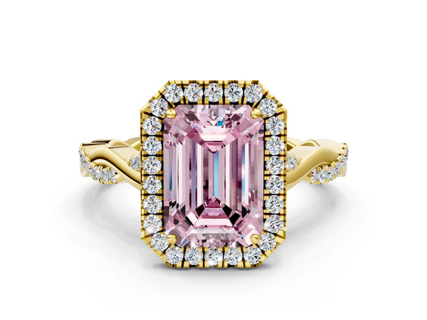 Yellow gold Fancy Pink Emerald Cut Halo Twist Band with Four-Prong Setting