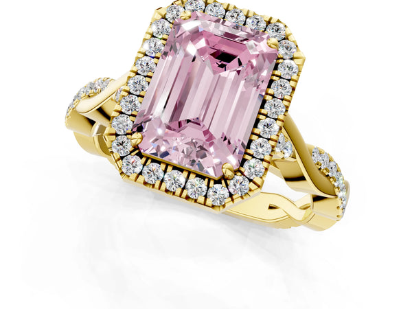 Yellow gold Fancy Pink Emerald Cut Halo Twist Band with Four-Prong Setting