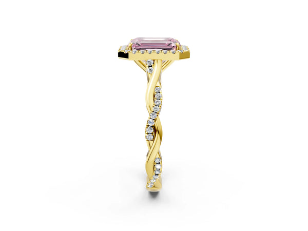 Yellow gold Fancy Pink Emerald Cut Halo Twist Band with Four-Prong Setting