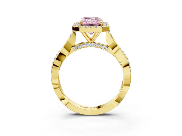 Yellow gold Fancy Pink Emerald Cut Halo Twist Band with Four-Prong Setting