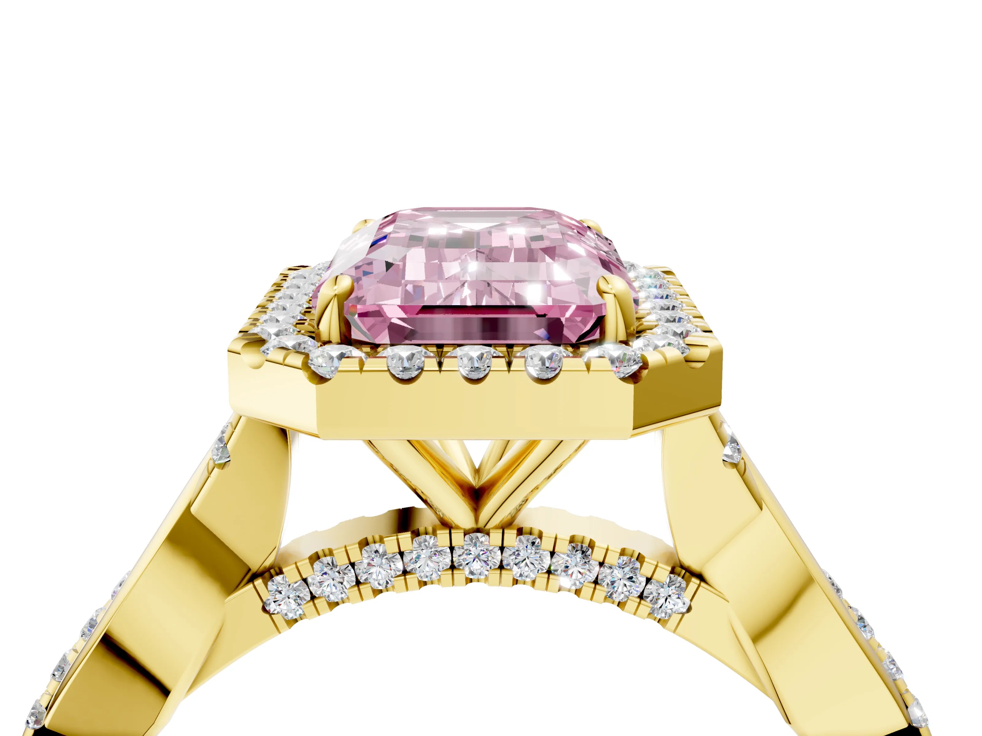 Yellow gold Fancy Pink Emerald Cut Halo Twist Band with Four-Prong Setting_4