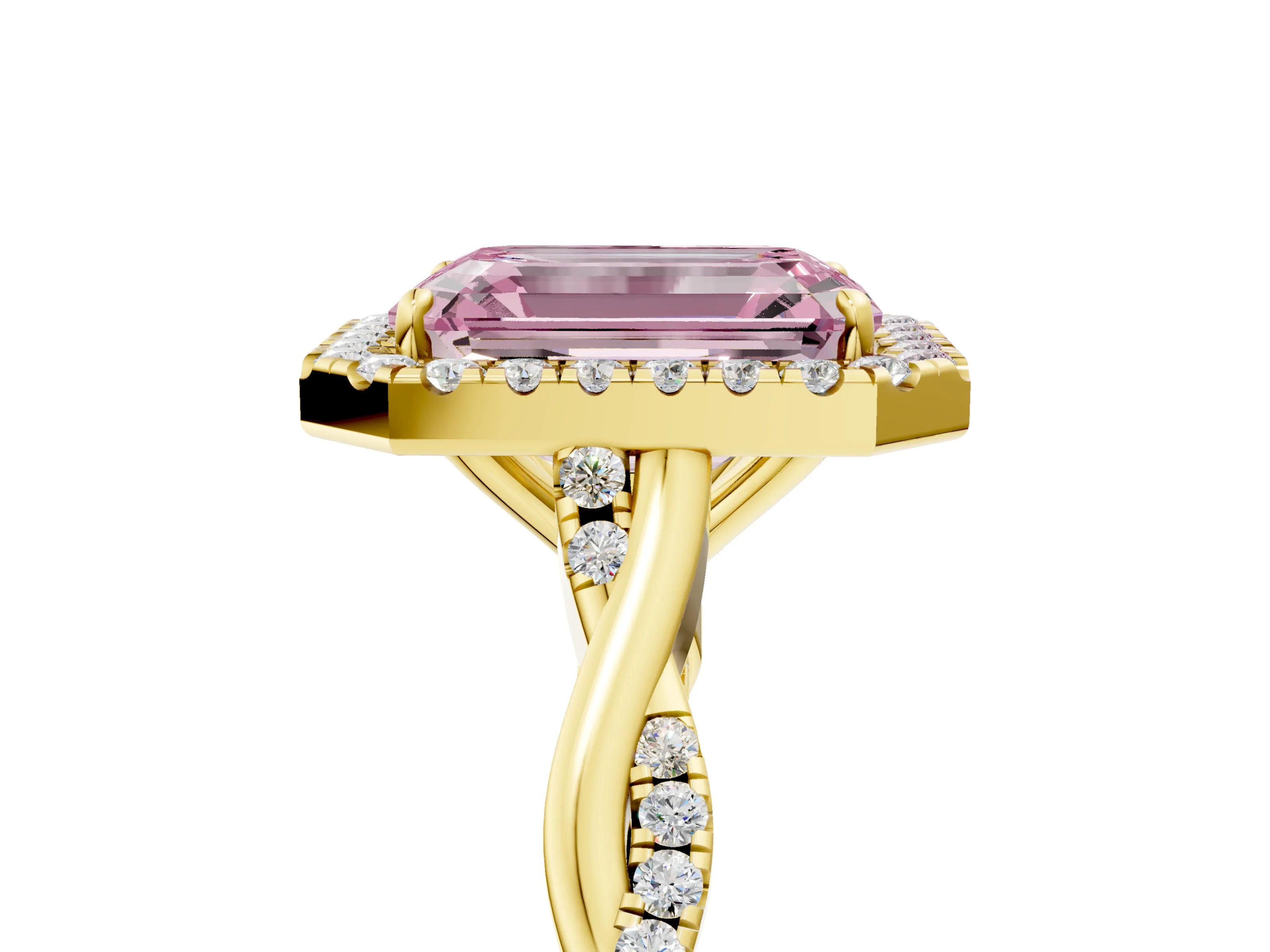 Yellow gold Fancy Pink Emerald Cut Halo Twist Band with Four-Prong Setting_5