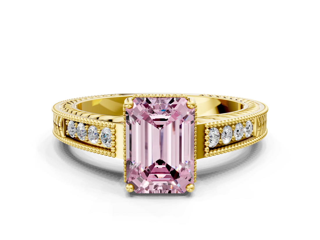 Yellow gold Fancy Pink Emerald  Cut Milgrain Channel Set Engagement Ring with Solitaire Prong Setting_62