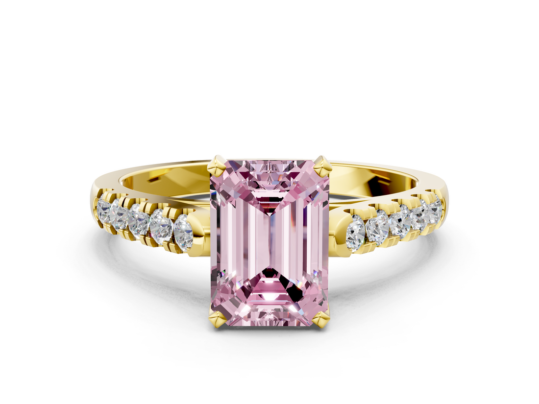 Yellow gold Fancy Pink Emerald  Cut Pavé Band Solitaire Ring with Four-Prong Setting_25