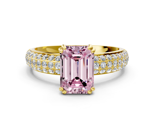 Yellow gold Fancy Pink Emerald  Cut Pave Diamond Engagement Ring with Channel Set Band and Four-Prong Setting