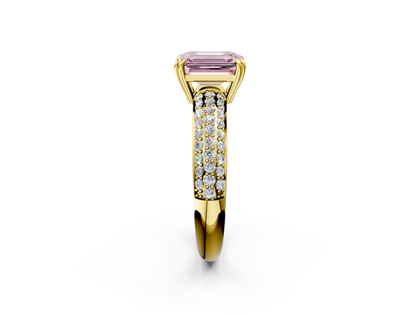 Yellow gold Fancy Pink Emerald  Cut Pave Diamond Engagement Ring with Channel Set Band and Four-Prong Setting