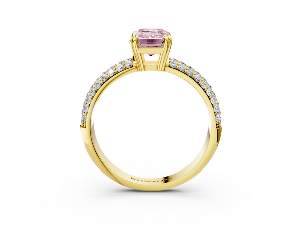Yellow gold Fancy Pink Emerald  Cut Pave Diamond Engagement Ring with Channel Set Band and Four-Prong Setting