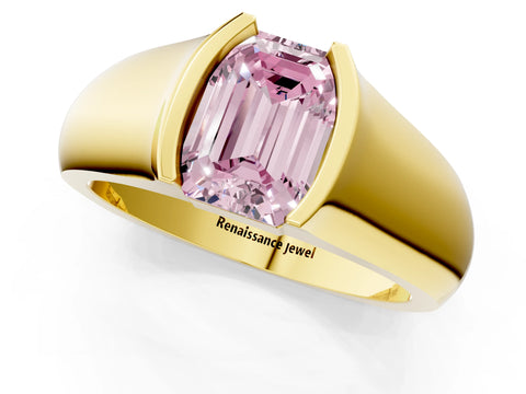 Yellow gold Fancy Pink Emerald Cut Solitaire Bezel Set Diamond Ring with Wide Band_1