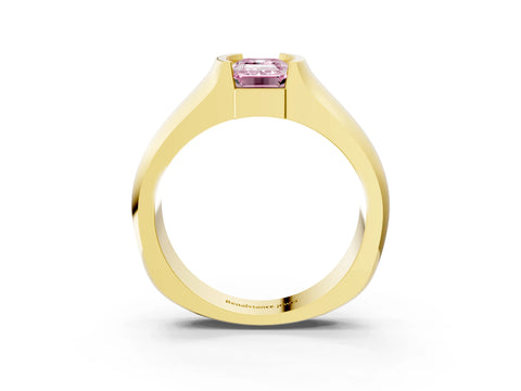 Yellow gold Fancy Pink Emerald Cut Solitaire Bezel Set Diamond Ring with Wide Band_3