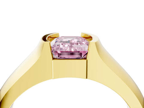 Yellow gold Fancy Pink Emerald Cut Solitaire Bezel Set Diamond Ring with Wide Band_4