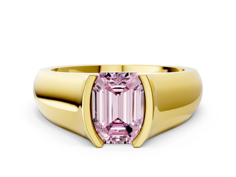 Yellow gold Fancy Pink Emerald Cut Solitaire Bezel Set Diamond Ring with Wide Band