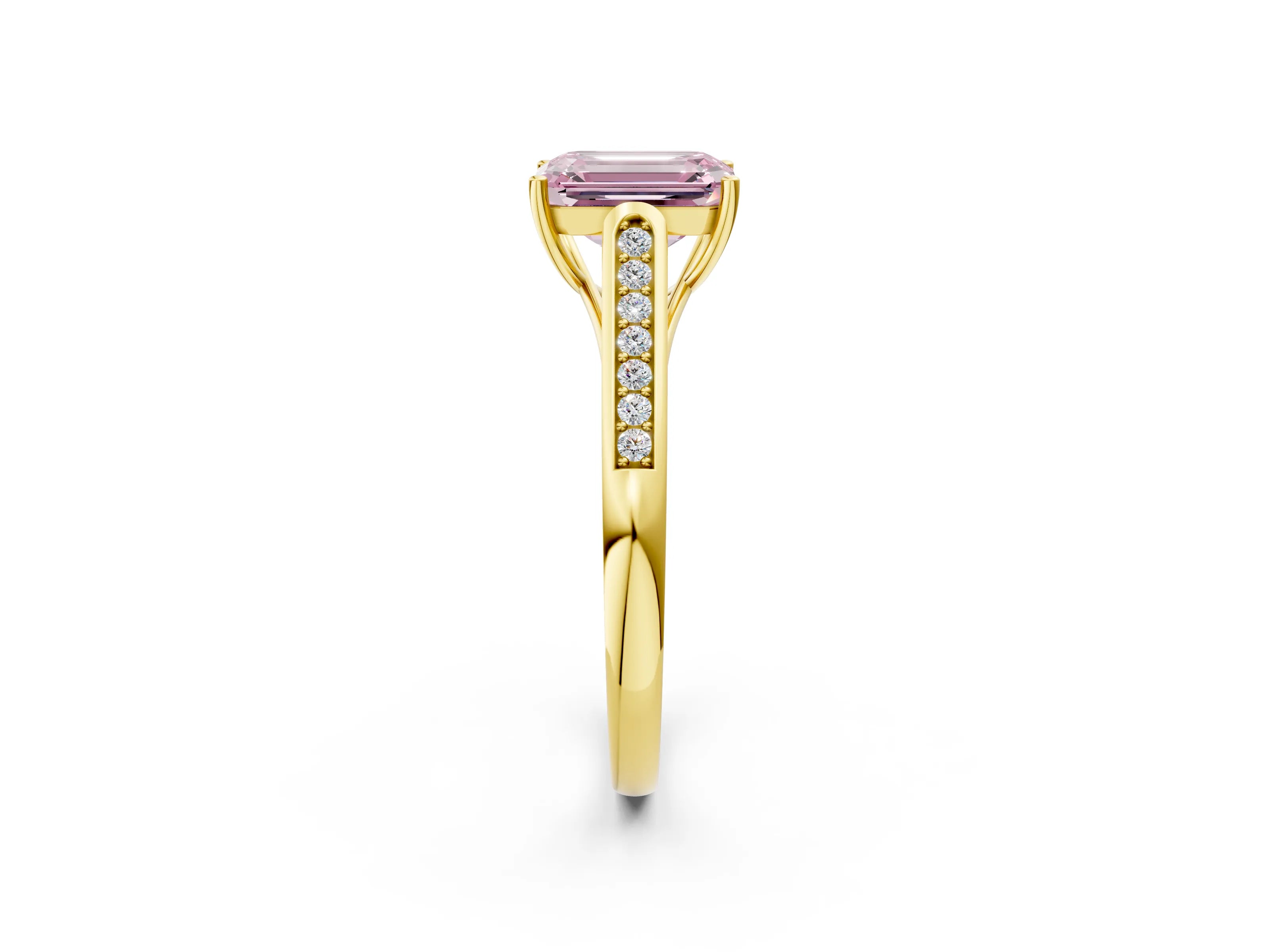 Yellow gold Fancy Pink Emerald Cut Solitaire Cathedral Diamond Engagement Ring with Channel-Set Band and Four-Prong Setting_5