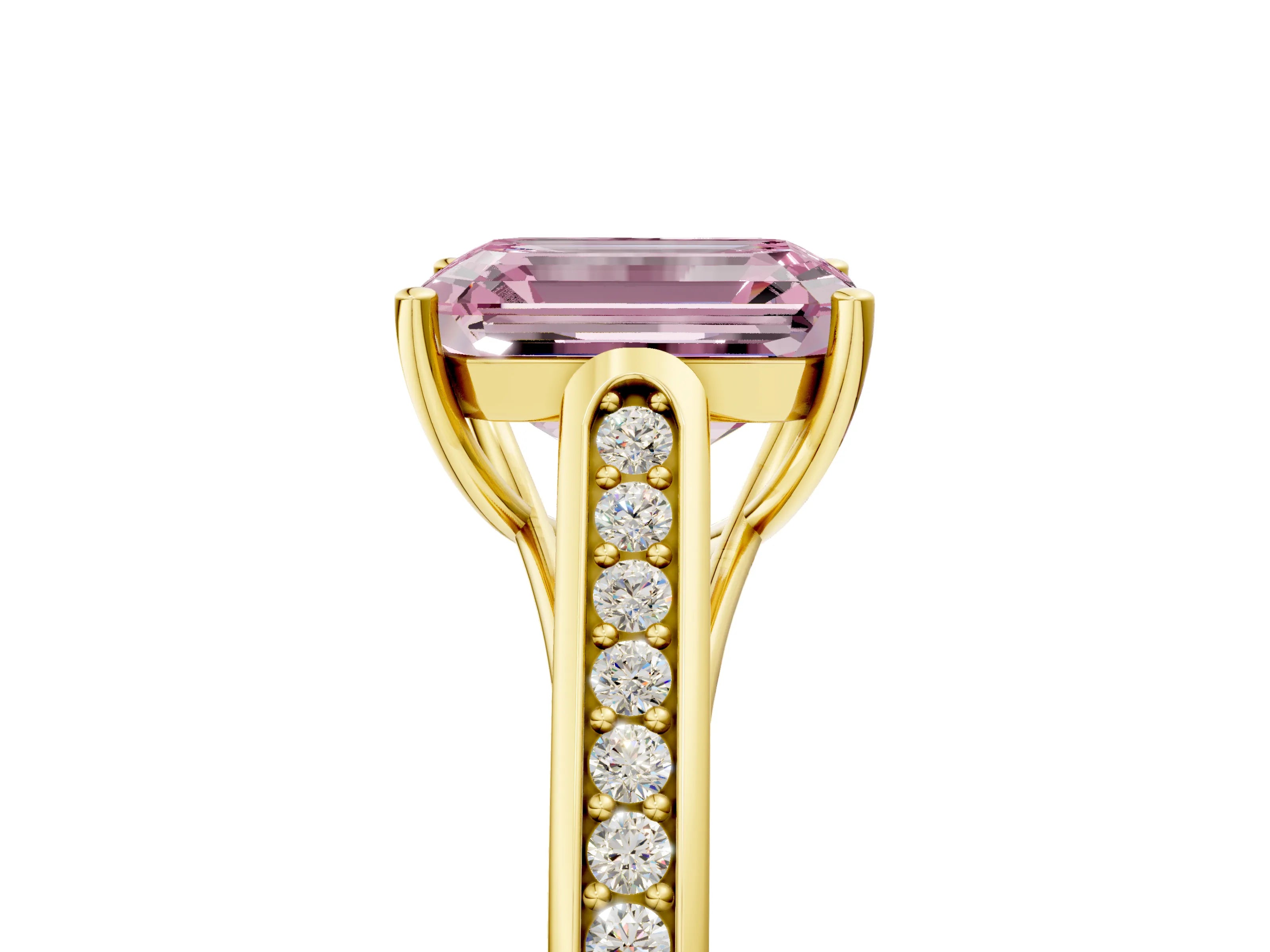 Yellow gold Fancy Pink Emerald Cut Solitaire Cathedral Diamond Engagement Ring with Channel-Set Band and Four-Prong Setting_8