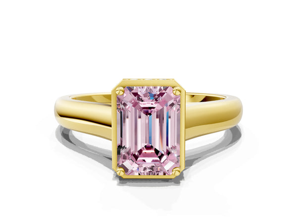 Yellow gold Fancy Pink Emerald Cut Solitaire Diamond Engagement Ring with Four-Prong Setting and Tapered Band