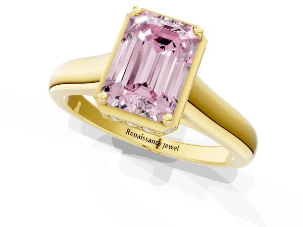 Yellow gold Fancy Pink Emerald Cut Solitaire Diamond Engagement Ring with Four-Prong Setting and Tapered Band