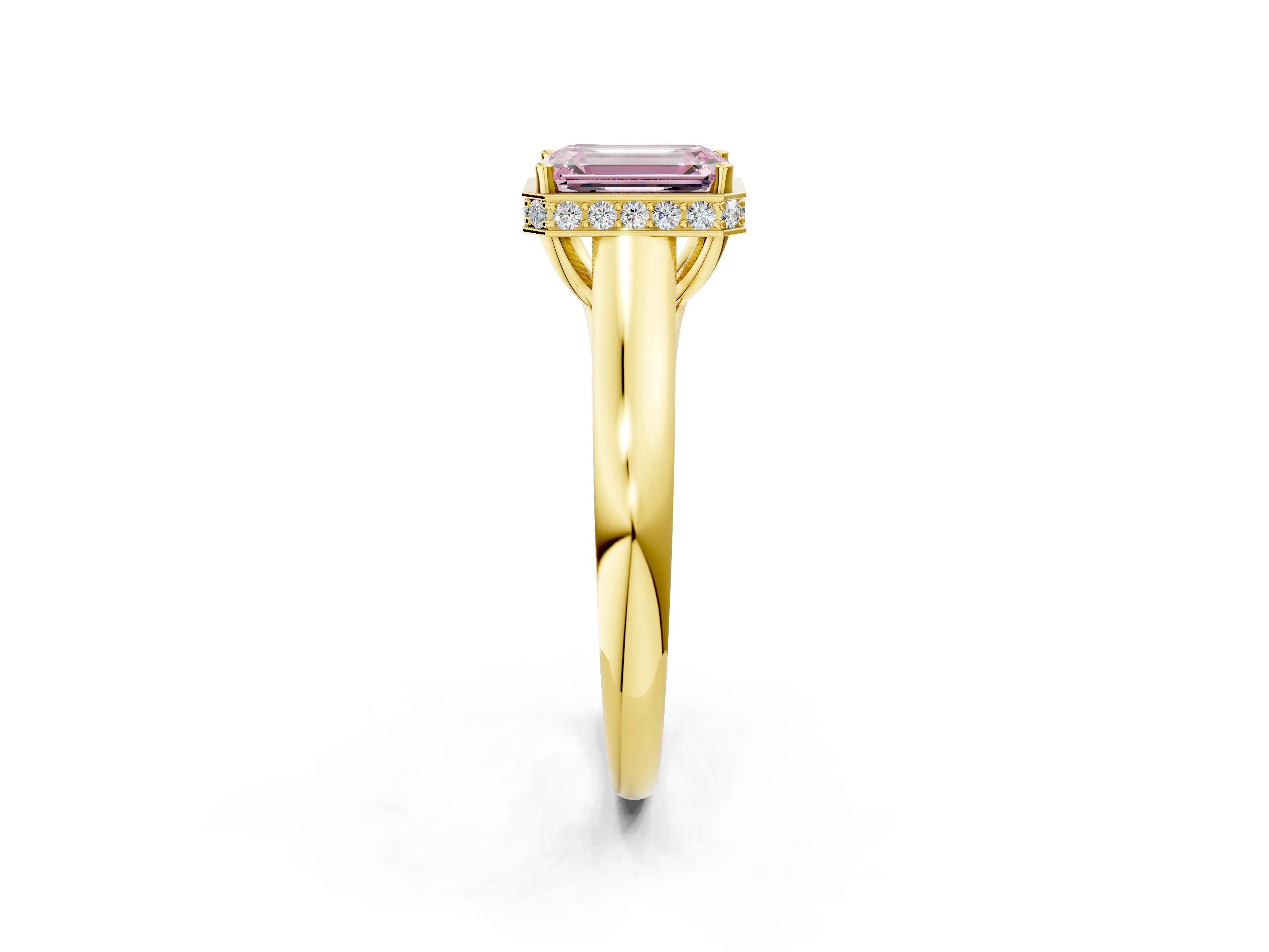 Yellow gold Fancy Pink Emerald Cut Solitaire Diamond Engagement Ring with Four-Prong Setting and Tapered Band_2