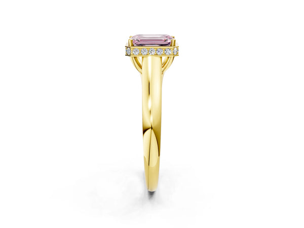 Yellow gold Fancy Pink Emerald Cut Solitaire Diamond Engagement Ring with Four-Prong Setting and Tapered Band