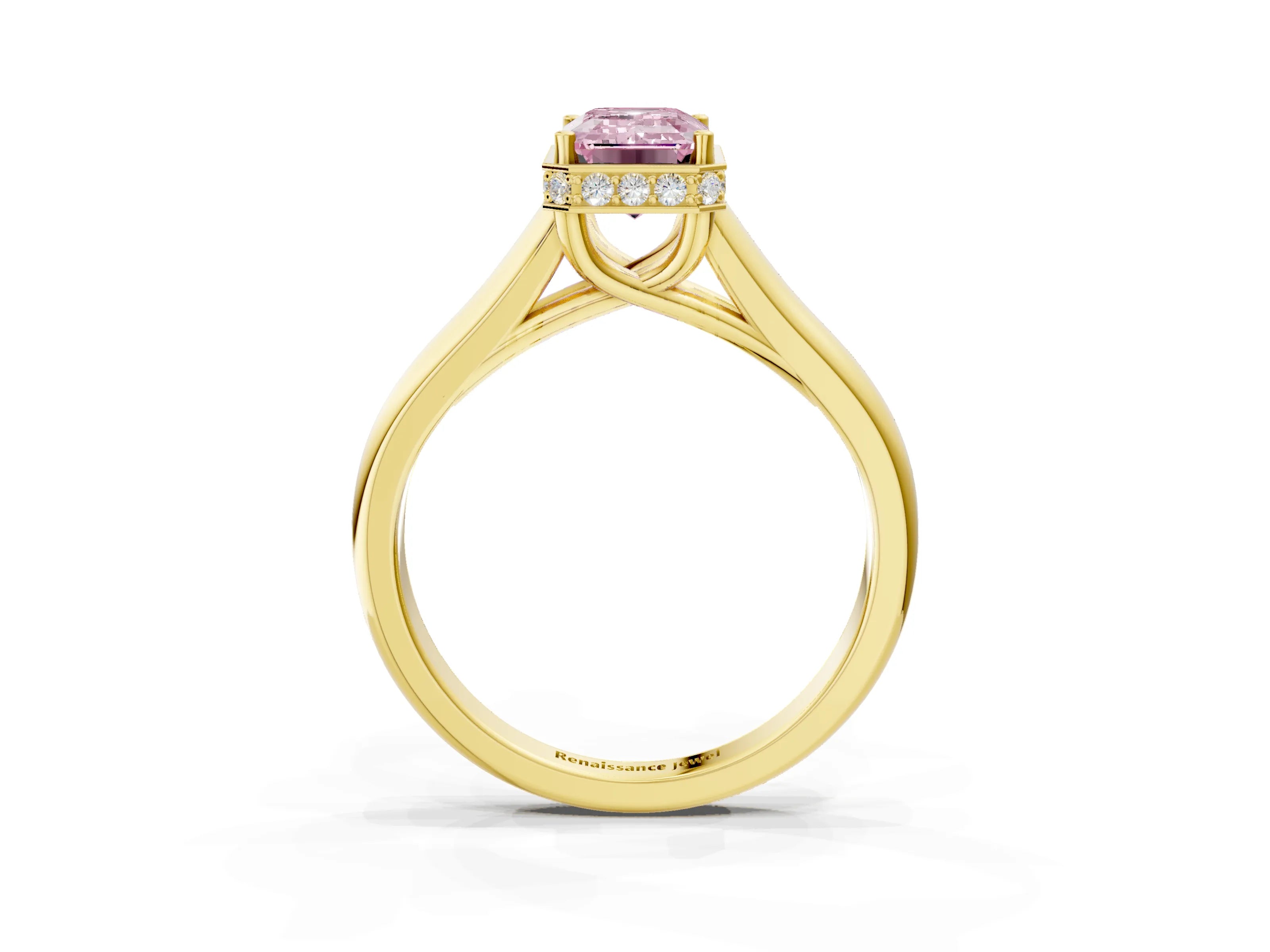 Yellow gold Fancy Pink Emerald Cut Solitaire Diamond Engagement Ring with Four-Prong Setting and Tapered Band_3