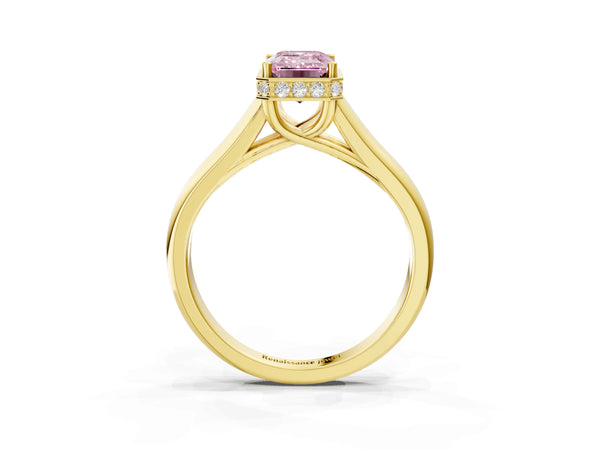 Yellow gold Fancy Pink Emerald Cut Solitaire Diamond Engagement Ring with Four-Prong Setting and Tapered Band