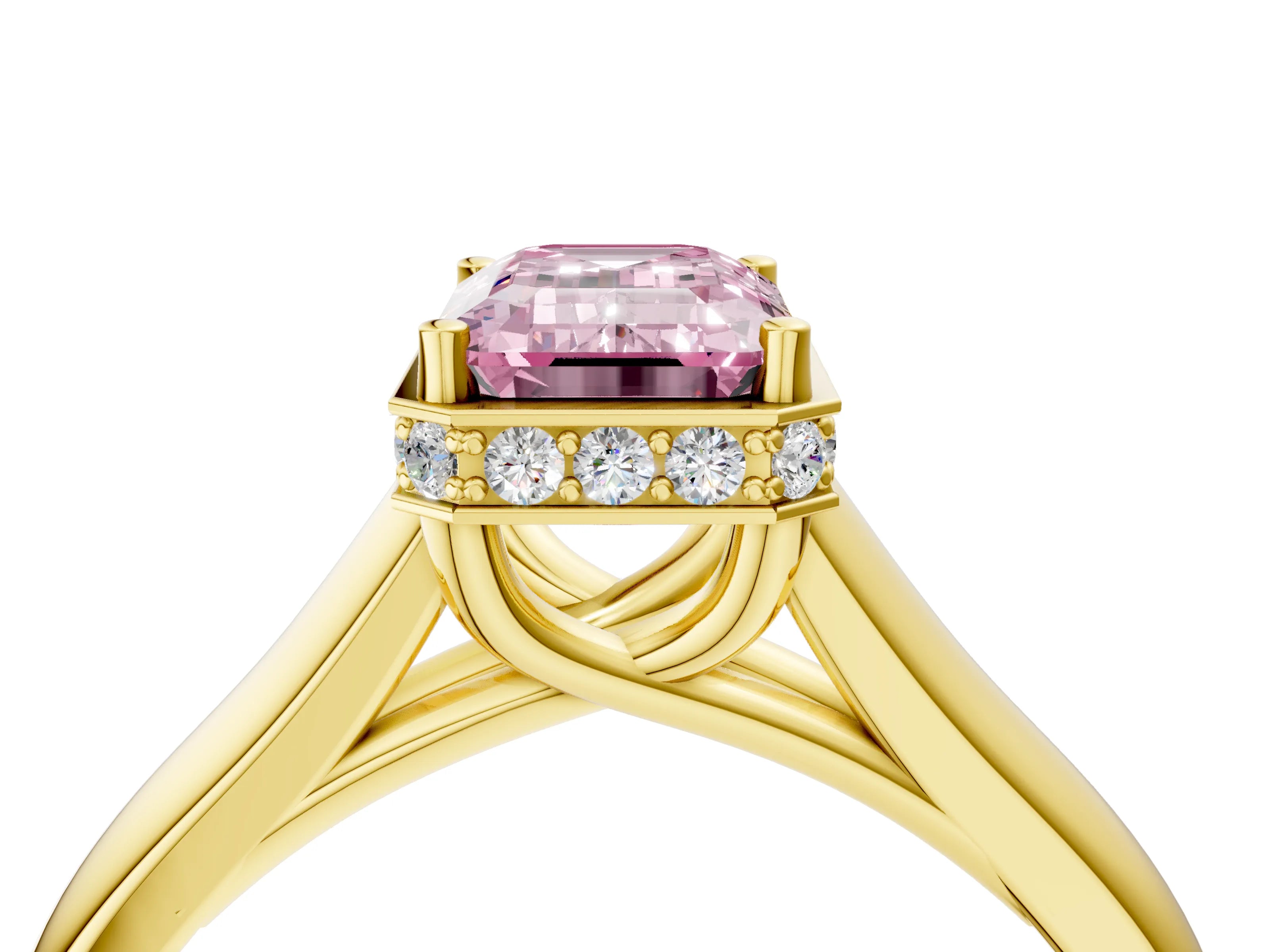Yellow gold Fancy Pink Emerald Cut Solitaire Diamond Engagement Ring with Four-Prong Setting and Tapered Band_4