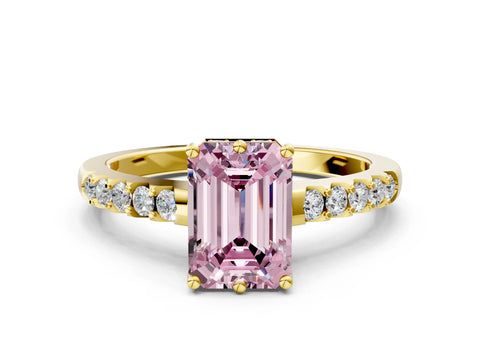 Yellow gold Fancy Pink Emerald Cut Solitaire Diamond Engagement Ring with Pavé Band and Six-Prong Setting_12
