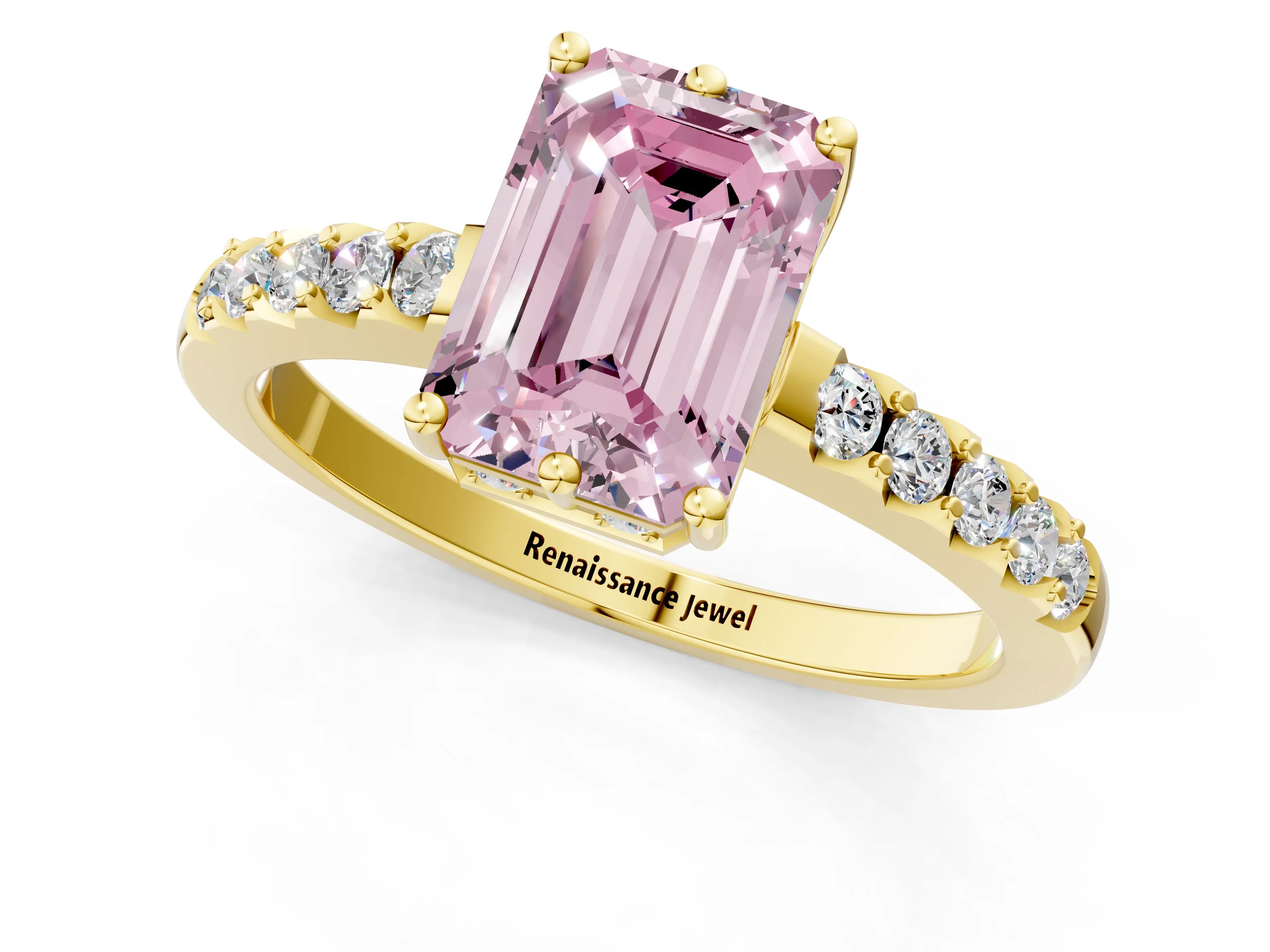 Yellow gold Fancy Pink Emerald Cut Solitaire Diamond Engagement Ring with Pavé Band and Six-Prong Setting_13