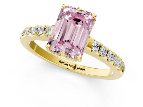 Yellow gold Fancy Pink Emerald Cut Solitaire Diamond Engagement Ring with Pavé Band and Six-Prong Setting_13