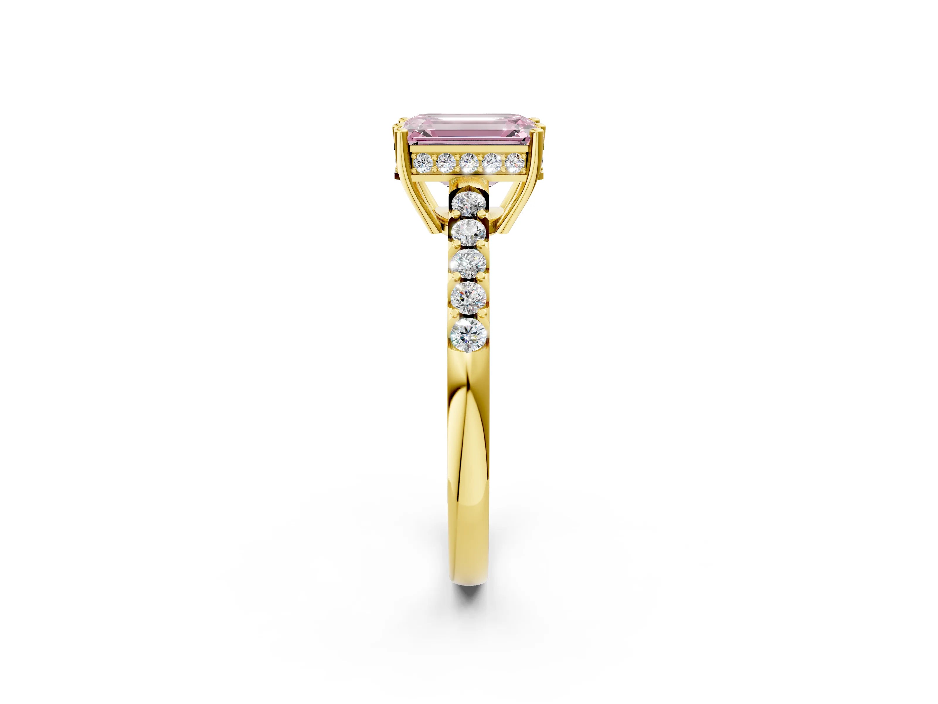 Yellow gold Fancy Pink Emerald Cut Solitaire Diamond Engagement Ring with Pavé Band and Six-Prong Setting_14