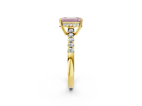 Yellow gold Fancy Pink Emerald Cut Solitaire Diamond Engagement Ring with Pavé Band and Six-Prong Setting_14