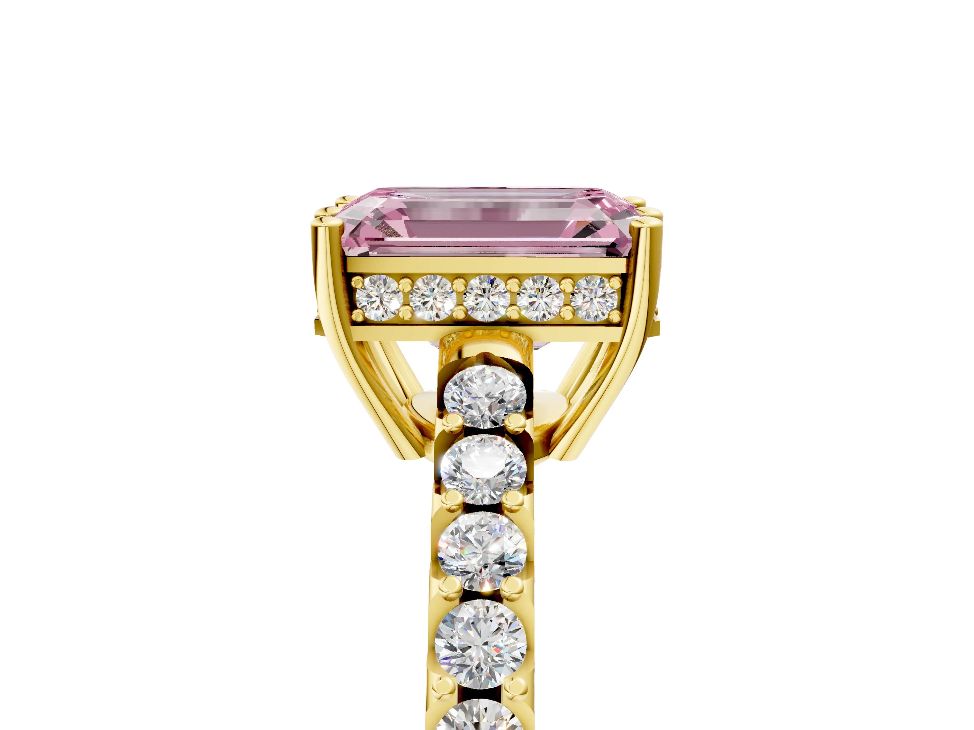 Yellow gold Fancy Pink Emerald Cut Solitaire Diamond Engagement Ring with Pavé Band and Six-Prong Setting_17