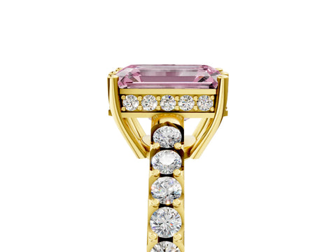 Yellow gold Fancy Pink Emerald Cut Solitaire Diamond Engagement Ring with Pavé Band and Six-Prong Setting_17