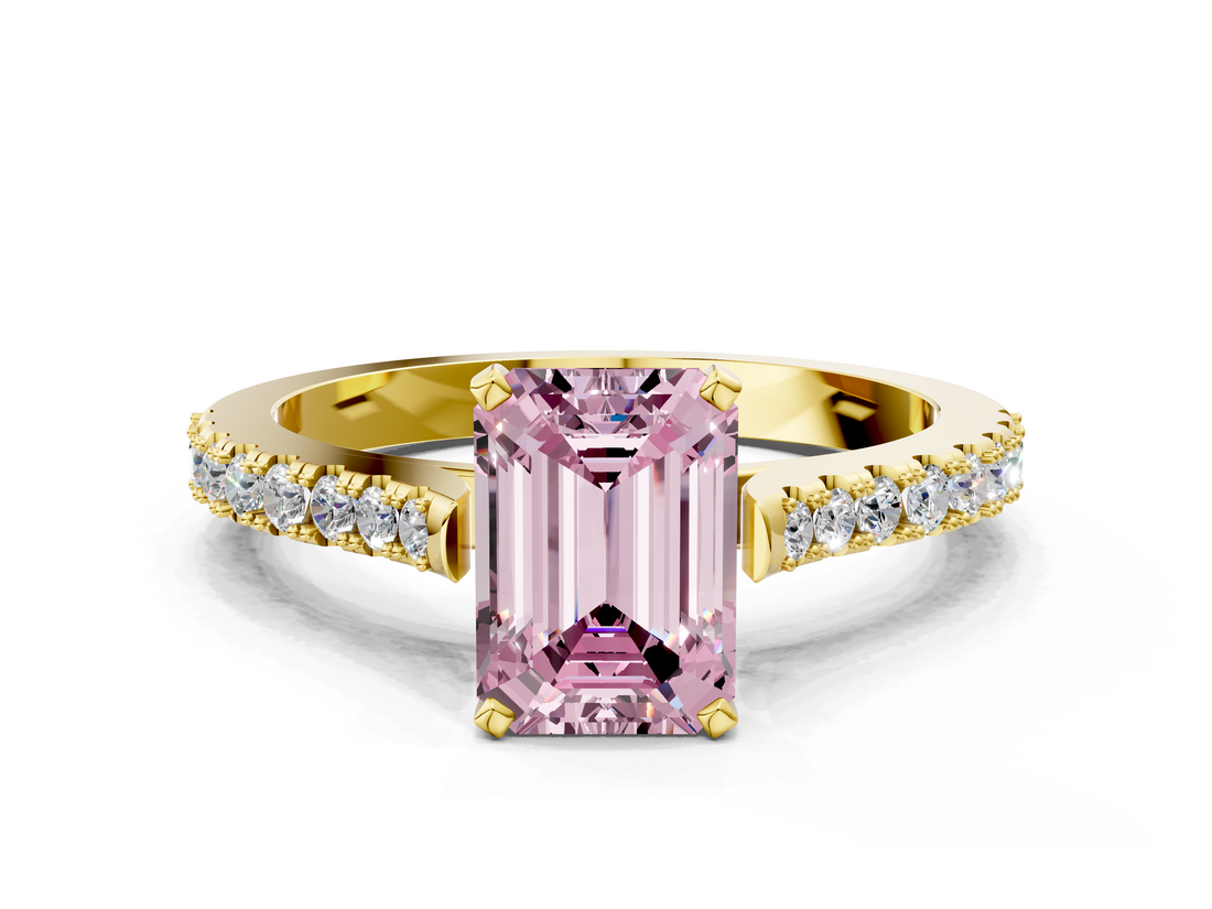 Yellow gold Fancy Pink Emerald  Cut Solitaire Diamond Engagement Ring with Pave Band and Four-Prong Setting_181