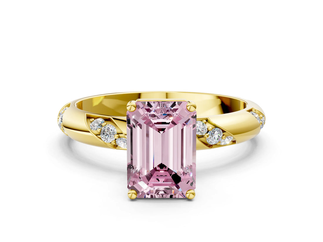 Yellow gold Fancy Pink Emerald Cut Solitaire Diamond Engagement Ring with Twisted Pave Band and Four-Prong Setting_3
