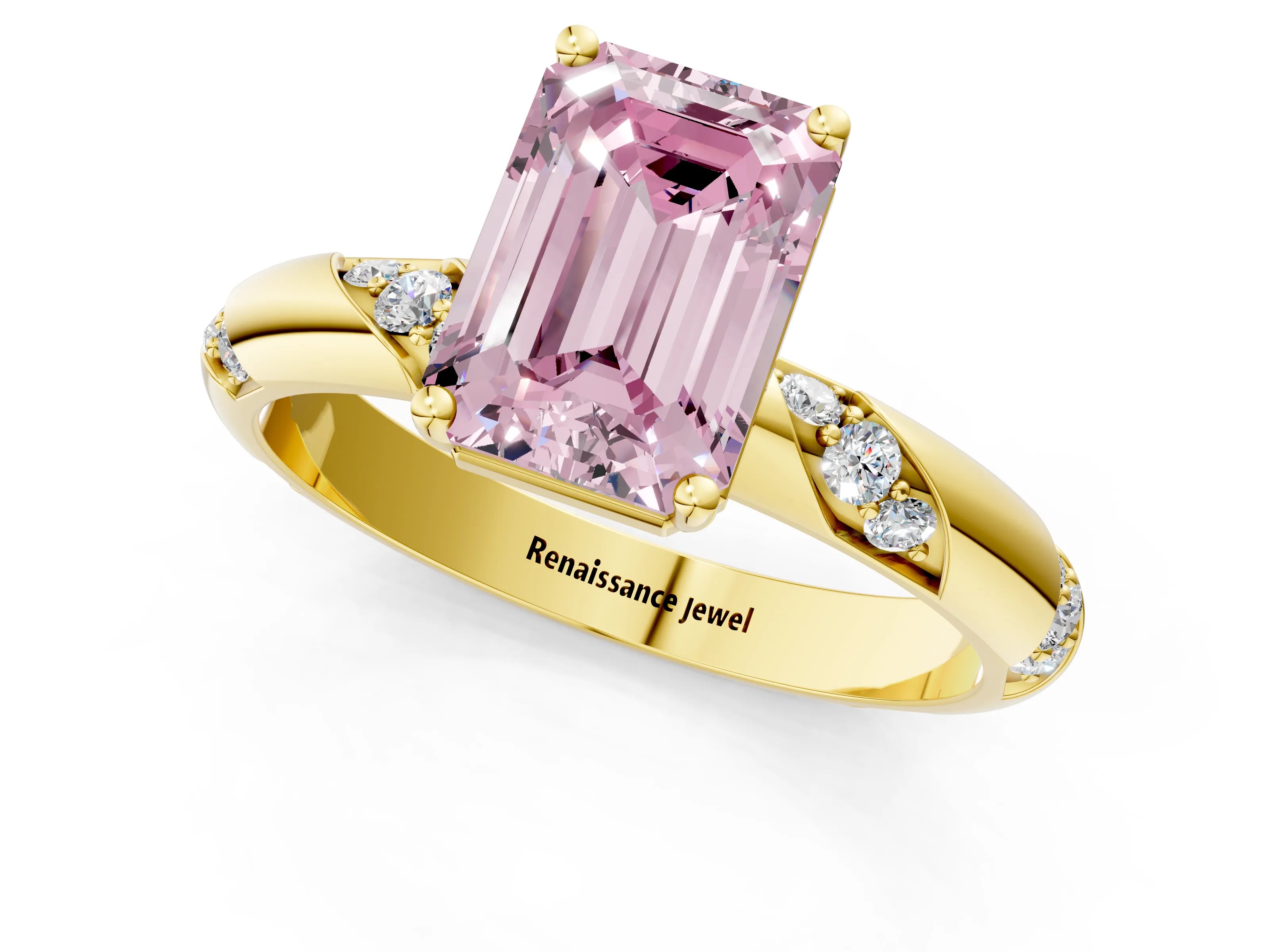 Yellow gold Fancy Pink Emerald Cut Solitaire Diamond Engagement Ring with Twisted Pave Band and Four-Prong Setting_4