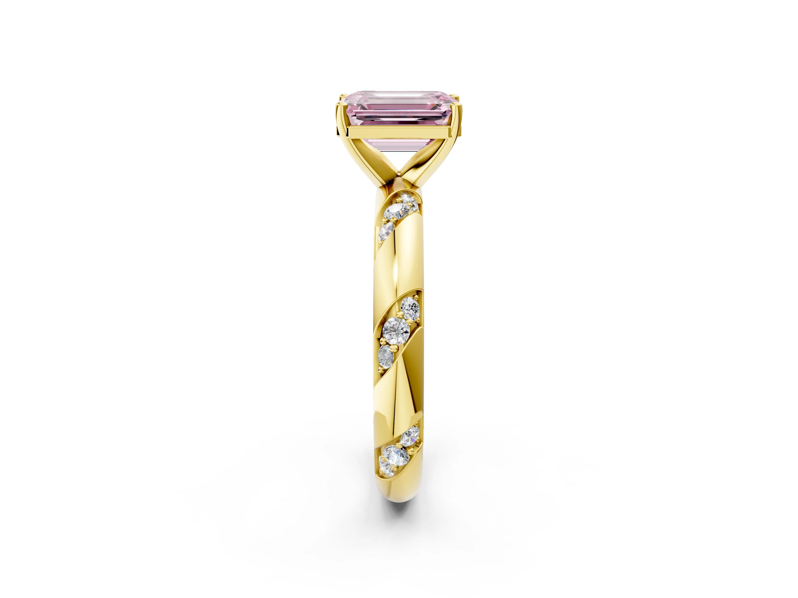 Yellow gold Fancy Pink Emerald Cut Solitaire Diamond Engagement Ring with Twisted Pave Band and Four-Prong Setting_5