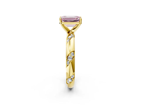 Yellow gold Fancy Pink Emerald Cut Solitaire Diamond Engagement Ring with Twisted Pave Band and Four-Prong Setting_5