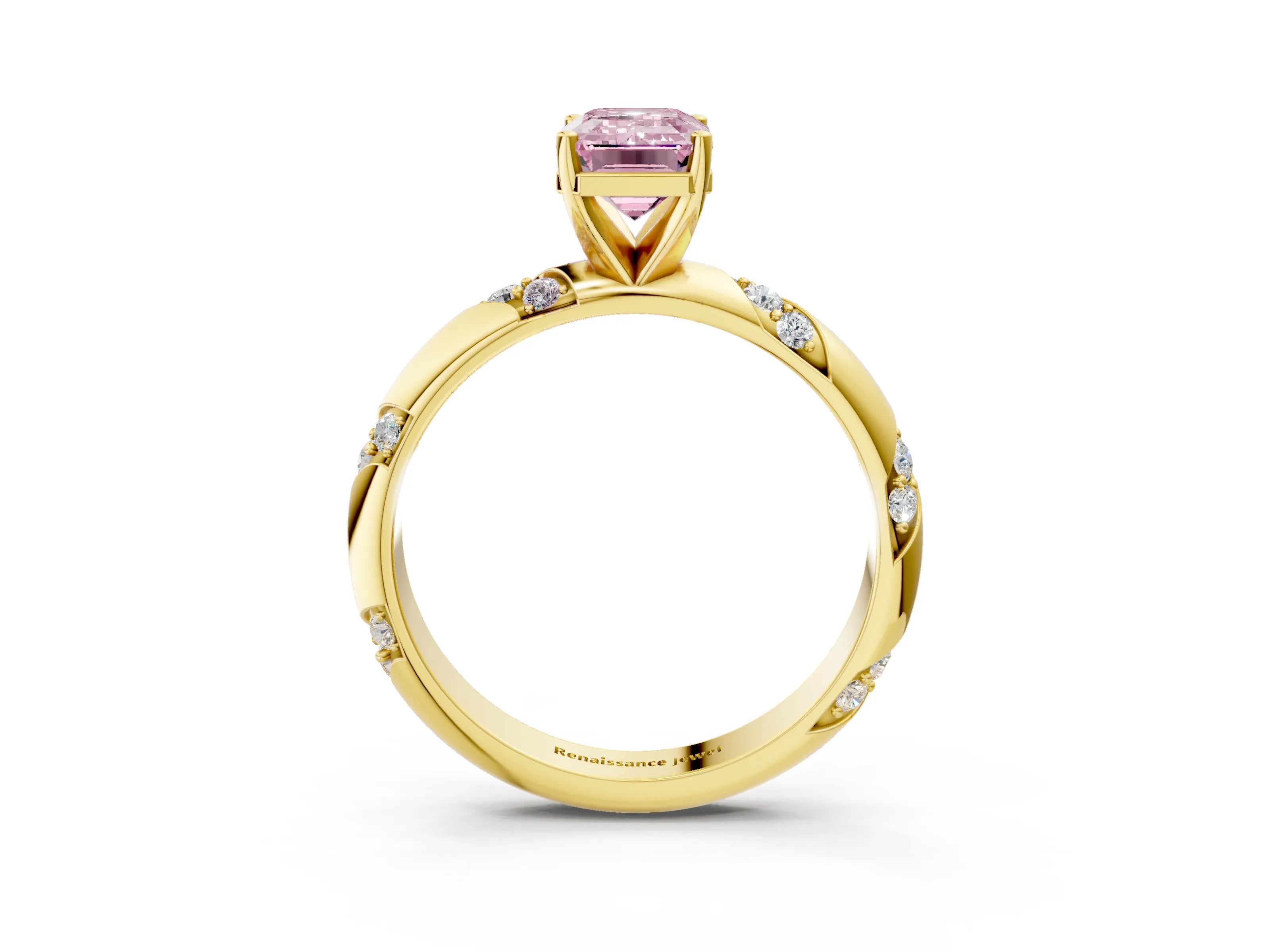 Yellow gold Fancy Pink Emerald Cut Solitaire Diamond Engagement Ring with Twisted Pave Band and Four-Prong Setting_6