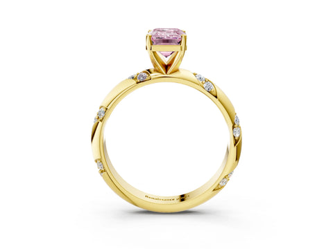 Yellow gold Fancy Pink Emerald Cut Solitaire Diamond Engagement Ring with Twisted Pave Band and Four-Prong Setting_6