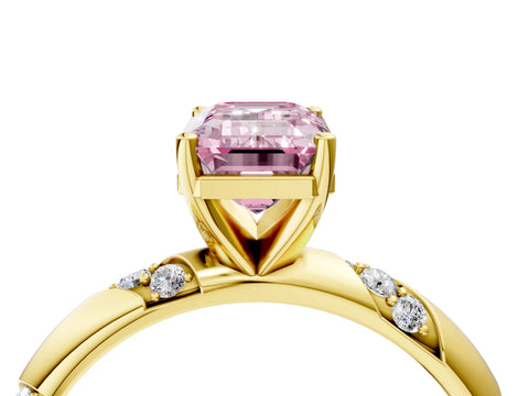 Yellow gold Fancy Pink Emerald Cut Solitaire Diamond Engagement Ring with Twisted Pave Band and Four-Prong Setting_7