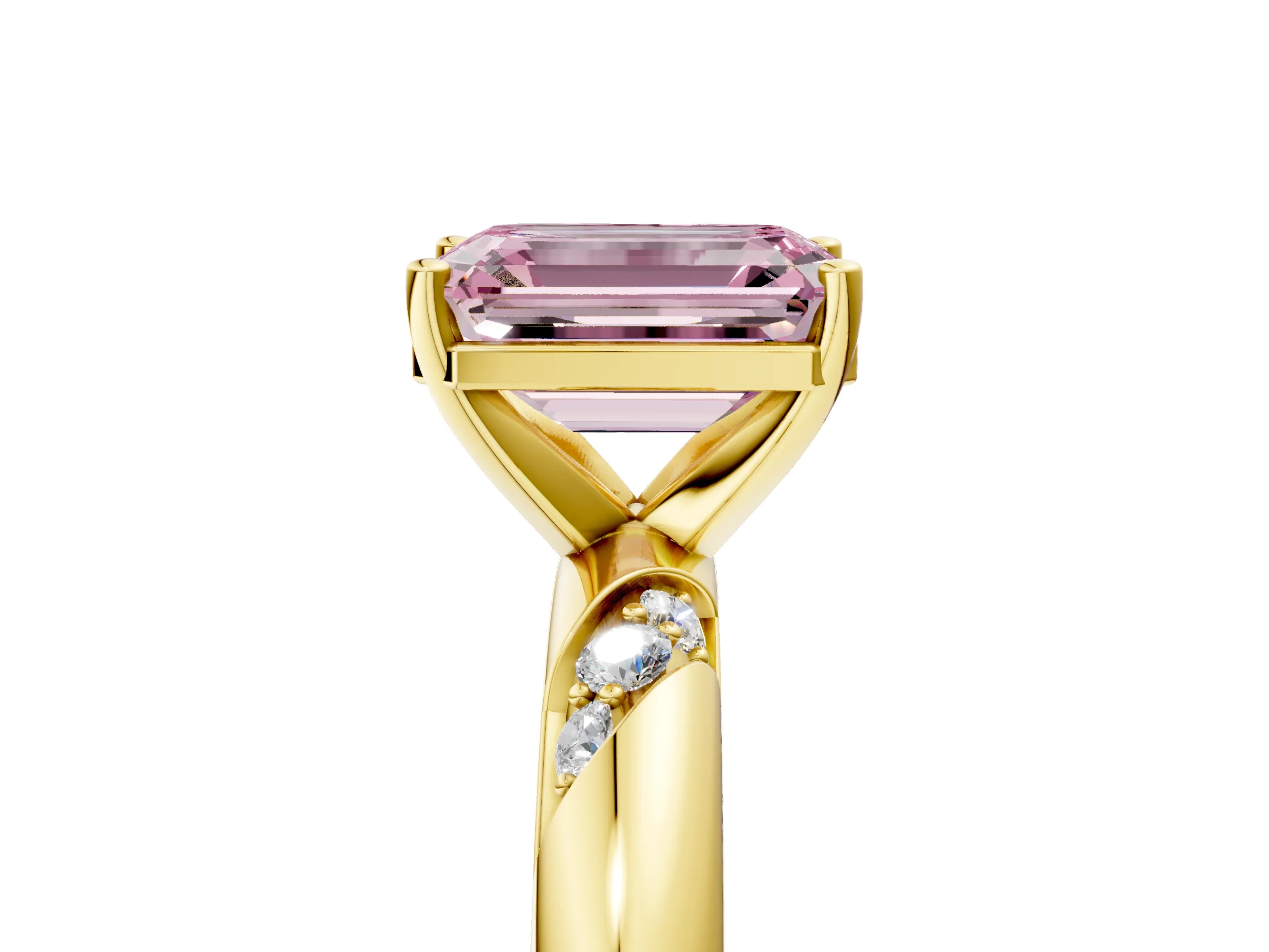Yellow gold Fancy Pink Emerald Cut Solitaire Diamond Engagement Ring with Twisted Pave Band and Four-Prong Setting_8