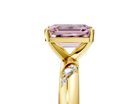 Yellow gold Fancy Pink Emerald Cut Solitaire Diamond Engagement Ring with Twisted Pave Band and Four-Prong Setting_8