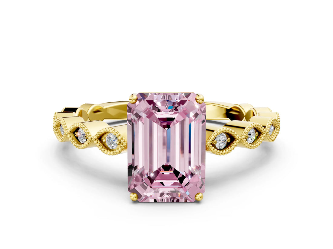 Yellow gold Fancy Pink Emerald Cut Solitaire Diamond Ring with Infinity Twist Band and Four-Prong Setting