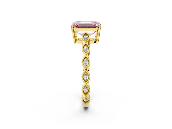 Yellow gold Fancy Pink Emerald Cut Solitaire Diamond Ring with Infinity Twist Band and Four-Prong Setting